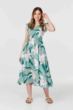 Floral Frilled Sleeve Midi Dress