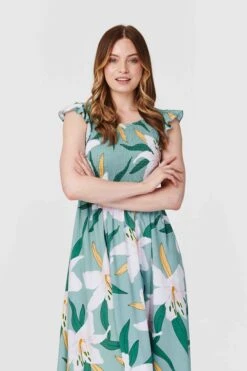 Floral Frilled Sleeve Midi Dress -Hallmark Style D512940 MULTI GREEN 3
