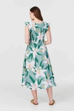 Floral Frilled Sleeve Midi Dress -Hallmark Style D512940 MULTI GREEN 5