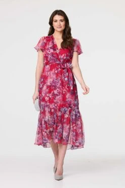 Floral Short Sleeve Tiered Midi Dress -Hallmark Style D513027 MULTI RED 1