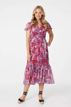 Floral Short Sleeve Tiered Midi Dress -Hallmark Style D513027 PINK 1