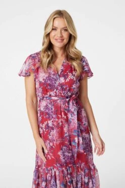 Floral Short Sleeve Tiered Midi Dress -Hallmark Style D513027 PINK 4