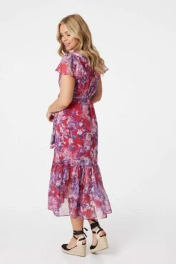 Floral Short Sleeve Tiered Midi Dress -Hallmark Style D513027 PINK 7