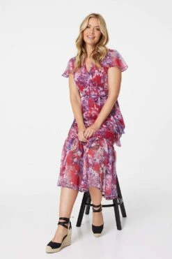 Floral Short Sleeve Tiered Midi Dress -Hallmark Style D513027 PINK 9