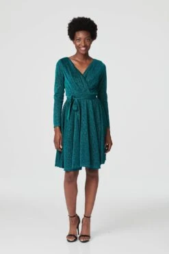 Lurex Wrap Front Fit & Flare Dress -Hallmark Style D513152 EMERALD 1