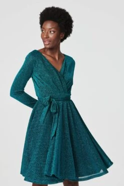 Lurex Wrap Front Fit & Flare Dress -Hallmark Style D513152 EMERALD 2