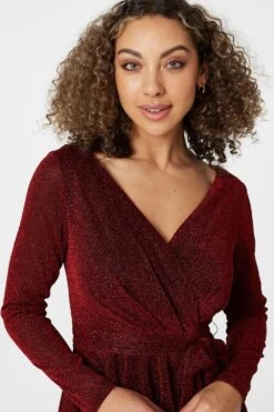 Lurex Wrap Front Fit & Flare Dress -Hallmark Style D513152 RED 5