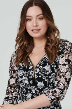 Floral Zip Front Skater Dress -Hallmark Style D513335 BLACK 3