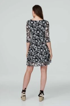 Floral Zip Front Skater Dress -Hallmark Style D513335 BLACK 4