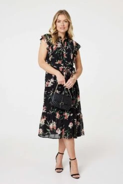 Floral Angel Sleeve Shirt Dress -Hallmark Style D513346 MULTI BLACK 1