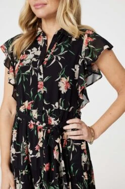 Floral Angel Sleeve Shirt Dress -Hallmark Style D513346 MULTI BLACK 6