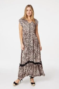 Animal Print Lace Trim Maxi Dress