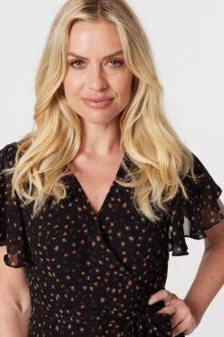 Printed Angel Sleeve Wrap Dress -Hallmark Style D513427 BLACK 3