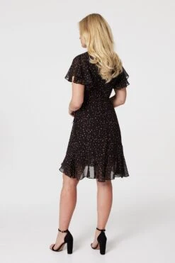 Printed Angel Sleeve Wrap Dress -Hallmark Style D513427 BLACK 4