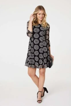 Heart Print 3/4 Sleeve Shift Dress -Hallmark Style D513478 BLACK 2