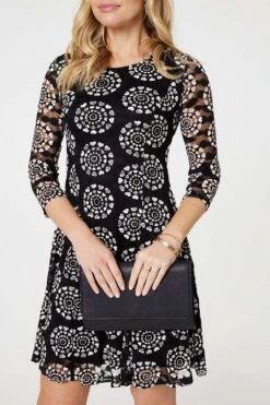 Heart Print 3/4 Sleeve Shift Dress -Hallmark Style D513478 BLACK 7
