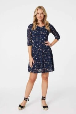 Floral Lace 3/4 Sleeve Short Dress