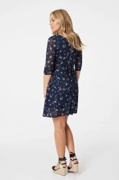 Floral Lace 3/4 Sleeve Short Dress -Hallmark Style D513486 TEAL 4