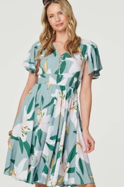 Floral Knee Length Skater Dress -Hallmark Style D513646 MULTI GREEN 3