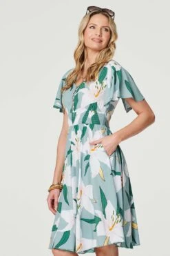 Floral Knee Length Skater Dress -Hallmark Style D513646 MULTI GREEN 4