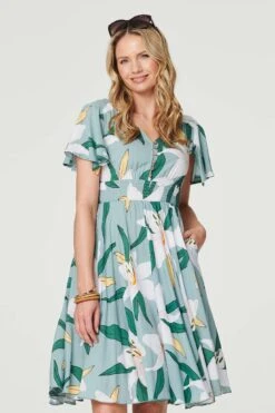 Floral Knee Length Skater Dress -Hallmark Style D513646 MULTI GREEN 5