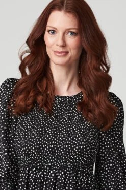 Spotty Print Smocked Dress 10 Spotty Print Smocked Dress -Hallmark Style D513657 BLACK AND WHITE 4