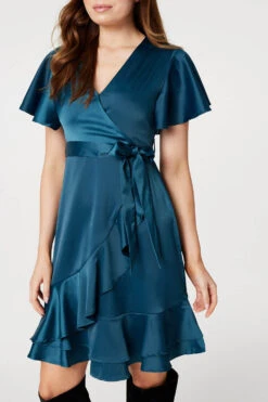 Frill Detail Short Wrap Dress -Hallmark Style D513678 EMERALD 10