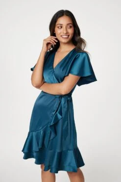 Frill Detail Short Wrap Dress -Hallmark Style D513678 EMERALD 3