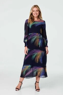 Printed Long Sleeve Midi Dress -Hallmark Style D513841 NAVY 1