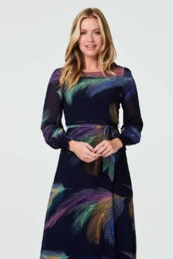 Printed Long Sleeve Midi Dress -Hallmark Style D513841 NAVY 2