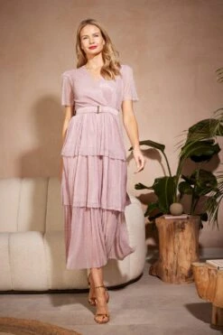 Lurex Wrap Front Tiered Midi Dress