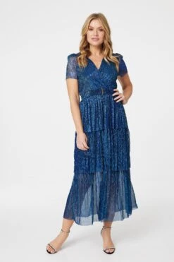 Lurex Wrap Front Tiered Midi Dress -Hallmark Style D514011 NAVY 1