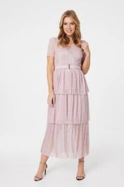 Lurex Wrap Front Tiered Midi Dress -Hallmark Style D514011 PINK 1