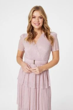 Lurex Wrap Front Tiered Midi Dress -Hallmark Style D514011 PINK 2