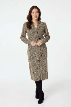 Geo Print Button Front Shirt Dress 13 Geo Print Button Front Shirt Dress -Hallmark Style D514023 MULTI BEIGE 2