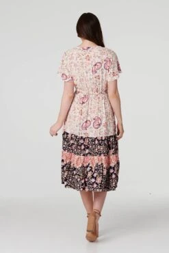 Floral Print Tiered Midi Dress -Hallmark Style D514211 MULTI WHITE 6