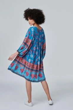 Floral Border Print Smock Dress -Hallmark Style D514310 TURQUOISE 4