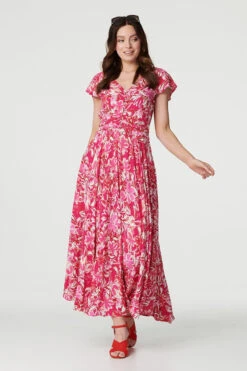 Floral Ruched V-Neck Maxi Dress -Hallmark Style D514334 FUCHSIA 2