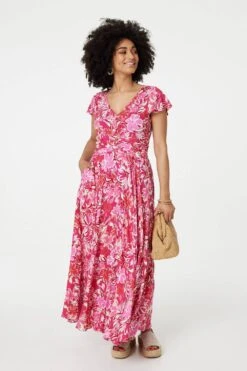 Floral Ruched V-Neck Maxi Dress -Hallmark Style D514334 FUCHSIA 2 df866d61 614a 4a5a 9ad4 adc53fe6c298