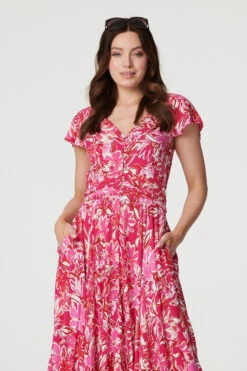 Floral Ruched V-Neck Maxi Dress -Hallmark Style D514334 FUCHSIA 3