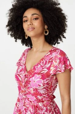 Floral Ruched V-Neck Maxi Dress -Hallmark Style D514334 FUCHSIA 4 dc8ce278 c6d2 440d 98c0 c5eced3450de