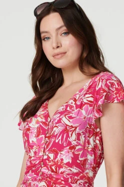 Floral Ruched V-Neck Maxi Dress -Hallmark Style D514334 FUCHSIA 5