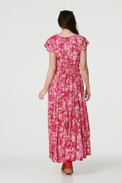 Floral Ruched V-Neck Maxi Dress -Hallmark Style D514334 FUCHSIA 6