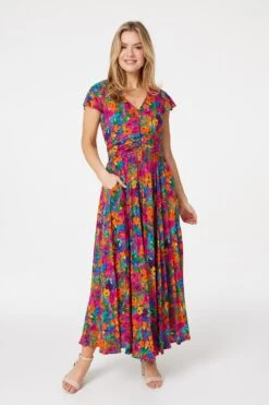 Floral Ruched Front Maxi Dress -Hallmark Style D514335 MULTI PINK 1