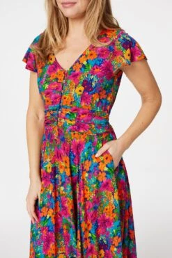 Floral Ruched Front Maxi Dress -Hallmark Style D514335 MULTI PINK 5