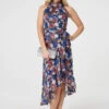 Floral Frill Hem Midi Halter Dress -Hallmark Style D514341 COBALT BLUE 1