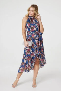 Floral Frill Hem Midi Halter Dress -Hallmark Style D514341 COBALT BLUE 2