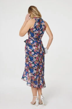 Floral Frill Hem Midi Halter Dress -Hallmark Style D514341 COBALT BLUE 6