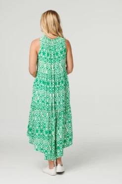 Ikat Print High Neck Midi Dress -Hallmark Style D514356 GREEN 6