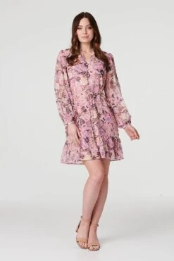 Floral Long Puff Sleeve Shirt Dress -Hallmark Style D514416 MULTI PINK 1